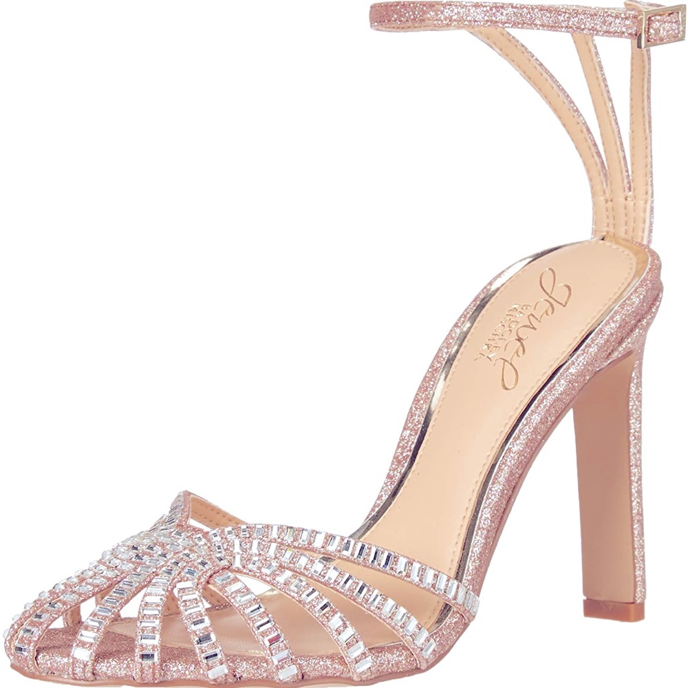 Jewel Badgley Mischka rose gold ankle strap pump